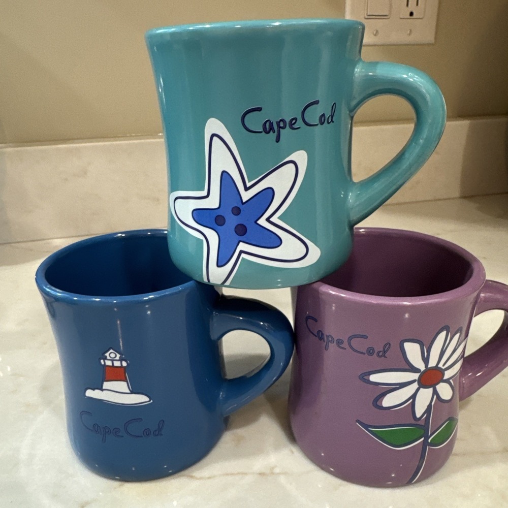 Cuffy's of Cape Cod Set of 3 Coffee Tea Mugs Starfish Flower Lighthouse
